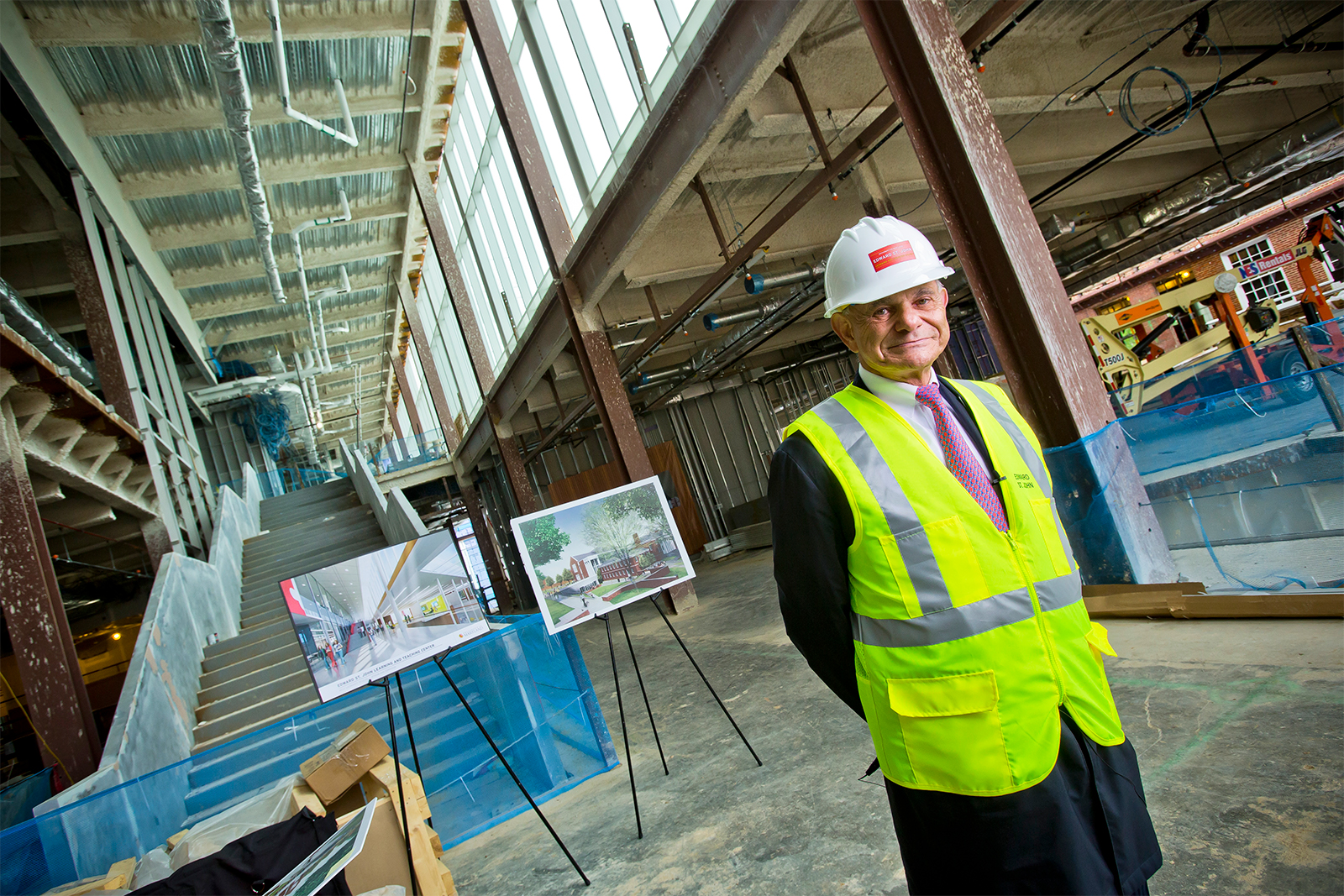 Edward St. John during a hard hat tour of the Edward St. John Learning and Teaching Center at the University of Maryland