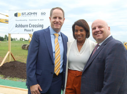 Matt Holbrook, Regional Partner, Virginia and Central Maryland Region for St. John Properties; Phyllis J. Randall, Chair At-Large of the Loudoun County Office of the Board of Directors; and Buddy Rizer, Executive Director of the Loudoun County Department of Economic Development